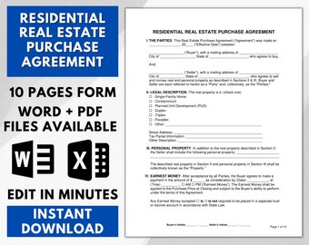 May include: A 10-page form for a residential real estate purchase agreement. The form is available in Word and PDF formats. The form is available for instant download. The form includes sections for the parties, legal description, personal property, and earnest money.