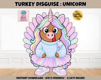 Turkey Disguise Printable, Unicorn Turkey Disguise, Turkey in Disguise Project, Disguise a turkey, Hide the Turkey, Thanksgiving Craft Kids