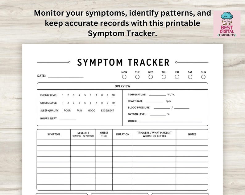 May include: A printable symptom tracker document with black text on a white background. It includes sections for date, day of the week, energy level, stress level, sleep quality, temperature, heart rate, blood pressure, oxygen level, and a symptom log.