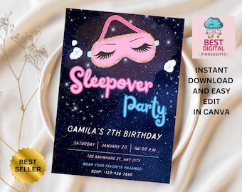 Invito di compleanno per pigiama party, invito stampabile per pigiama party, pigiama party, pigiama party, modello modificabile con luce al neon retrò, download immediato