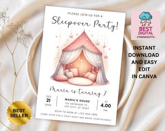 Sleepover Birthday Minimalist Invitation Set Slumber Party Invite Girl Pajama Party Glamping Tent Digital Printable Editable Download Canva