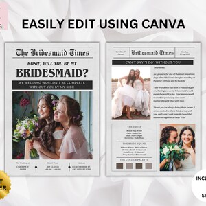 Bridesmaid Proposal Newspaper Bouquet, Canva Bridesmaid Newspaper Flower Wrap, Newspaper Bridesmaid Proposal Card template, BESTSELLER