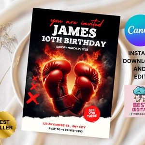 Invitación digital de cumpleaños de boxeo - Plantilla de invitación de texto y vídeo de fiesta de boxeo - Descarga instantánea para un niño, editable, imprimible