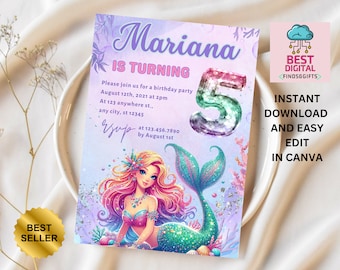 Peut inclure: Une invitation imprimable pour une fête d'anniversaire de 5 ans. L'invitation représente une sirène avec des cheveux roses et verts, une queue violette et rose et un numéro 5 scintillant. Le texte sur l'invitation indique "Mariana a 5 ans".