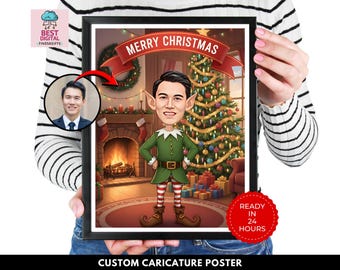 Custom Christmas Caricature Portrait from Photo, Elf Caricature Poster, Funny Personalized Drawing, Customer Poster, Christmas Gift