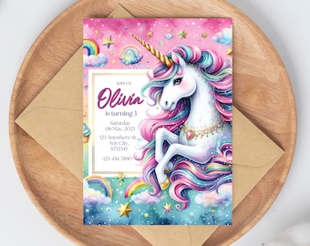 Unicorn Birthday Invitation, Unicorn Invitation, Rainbow Unicorn Birthday Invitation, 1st Birthday Girl, Unicorn Invitation Printable