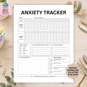 Peut inclure: Une feuille imprimable de suivi de l'anxiété blanche avec du texte et des lignes noirs. La mise en page comprend une grille de calendrier mensuel pour suivre les niveaux d'anxiété de 1 à 31, une clé de niveau, des sections pour les déclencheurs.