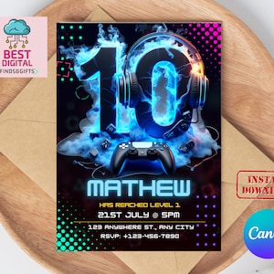 May include: A blue and black birthday invitation with a glowing number 10, a video game controller, and headphones. The text reads "Mathew has reached level 1, 21st July @ 5pm, 123 Anywhere St., Any City, RSVP: +123-456-7890".
