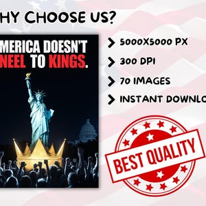 Puede incluir: Gr&aacute;fico digital con la Estatua de la Libertad con una corona dorada, el texto "AMERICA DOESN'T KNEEL TO KINGS" y una multitud de brazos levantados. El texto adicional incluye "5000X5000 PX", "300 DPI", "70 IM&Aacute;GENES" y "DESCARGA INSTANT&Aacute;NEA".