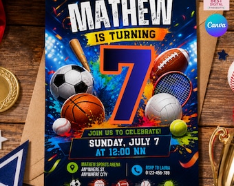 All Star Sports Birthday Invitation, Editable Canva Template, Multi Sport Birthday Party Invite, Sports Birthday Invitation, Kid Sports card