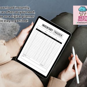 May include: A digital tablet displaying an inventory tracker template with columns for item description, category, quantity, cost, and notes. The screen features the text INVENTORY TRACKER, TRACK, MANAGE, ORGANIZE, and a logo with a cloud icon and BEST DIGITAL FINDS&GIFTS.
