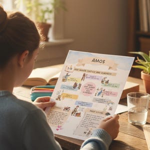 以下が含まれることがあります： 「AMOS」と書かれたカラフルなプリントを読んでいる人がいます。テキストは「GOD MANIFESTS JUSTICE AND KINDNESS」です。プリントにはイラストとテキストがあり、水彩画風のバナーが付いています。シーンは、植物と水を入れたグラスが置かれた木製のテーブルに設定されています。