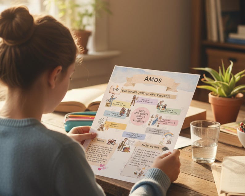 以下が含まれることがあります： 「AMOS」と書かれたカラフルなプリントを読んでいる人がいます。テキストは「GOD MANIFESTS JUSTICE AND KINDNESS」です。プリントにはイラストとテキストがあり、水彩画風のバナーが付いています。シーンは、植物と水を入れたグラスが置かれた木製のテーブルに設定されています。