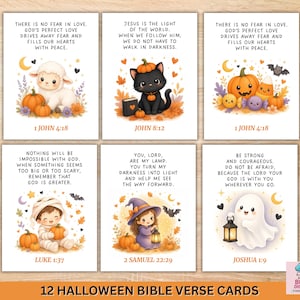 Może przedstawiać: Sześć prostokątnych kart z ilustracjami o tematyce Halloween i wersetami biblijnymi. Wzory przedstawiają owieczkę, czarnego kota, dynie, mumię, czarownicę i ducha, otoczone jesiennymi liśćmi, gwiazdami i księżycami na białym tle.