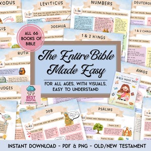 Könnte beinhalten: Eine Sammlung illustrierter Bibelstudienführer mit Titeln wie Exodus, Genesis und Psalmen. Das zentrale Bild zeigt "The Entire Bible Made Easy" mit dem Slogan "For All Ages, With Visuals, Easy to Understand."