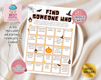 Get to Know You Bingo, Find Someone Who Bingo, Find the Guest Bingo, Icebreaker Bingo, Icebreaker Game, Halloween Bingo, Halloween Game