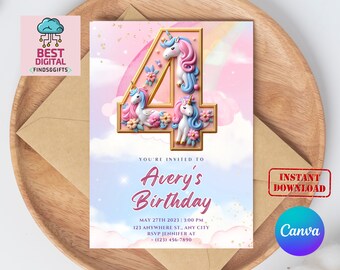 4th Birthday Invitation, Unicorn Birthday, Unicorn Invitation, Rainbow Unicorn Birthday Invitation, 1st Birthday, Unicorn Invitation CM1