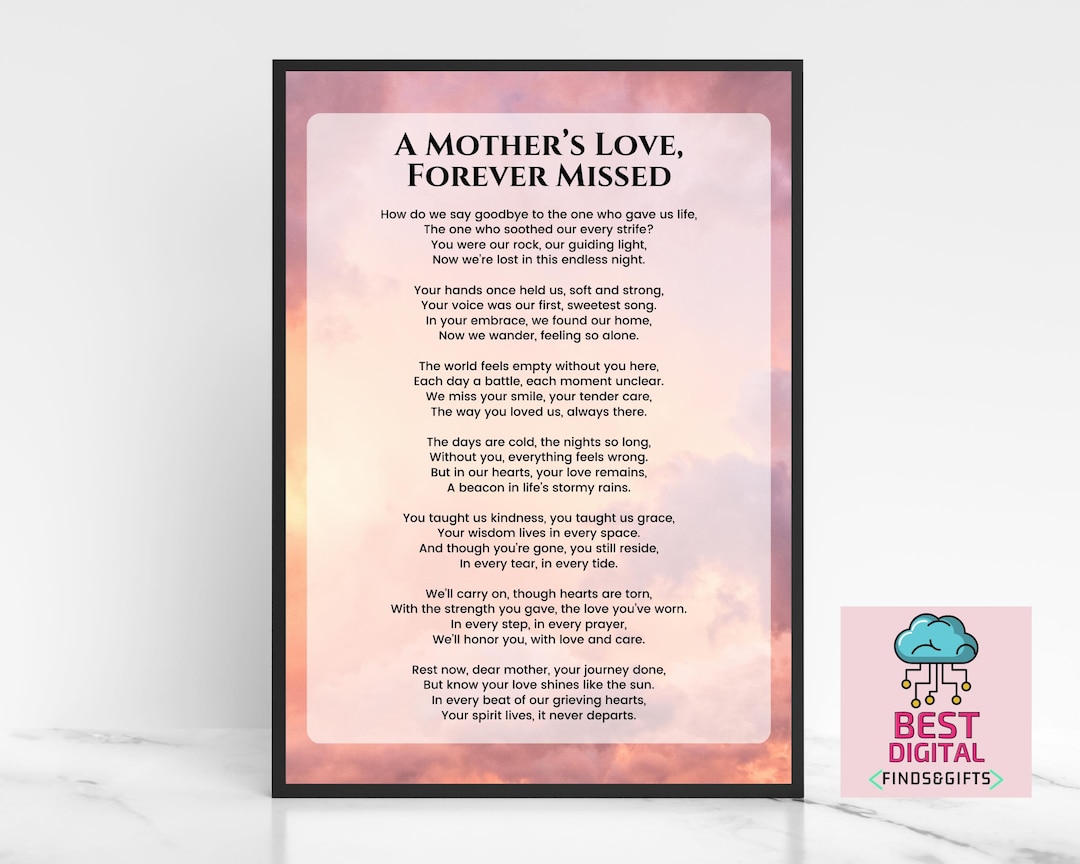 A Mothers Love, Funeral Poem, Grief and Sorrow Poem,bereavement Print(02)