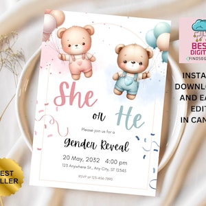 EDITABLE Teddy Bears Gender Reveal Invitation, Baby Boy Or Girl Party Invite Template, He Or She, Boho Watercolor Bear with Balloons,