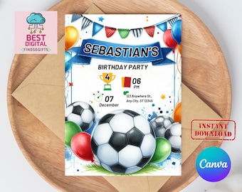 Editable Soccer Birthday Invitation Digital, Soccer Party Invite, Football Birthday Evite, Editable Canva Template, Let's Kick Up Some Fun