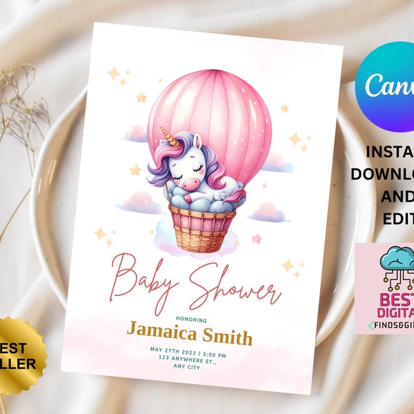 Editable Unicorn Balloon Baby Shower Invitation, Baby Shower Invite, Pink Boy Boho Unicorn Baby Shower, hot air ballon invite, baby shower