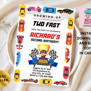 TWO Fast Birthday Invitation Vintage Race Car Birthday Two Fast Birthday Invite Retro Race Car Birthday Editable Digital Download Invitation