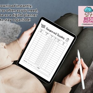 May include: A digital tablet displaying a black and white Assignment Tracker template with columns for course, assignment, priority, status, due date, and notes. The screen features a header with a book icon and the text Assignment Tracker.
