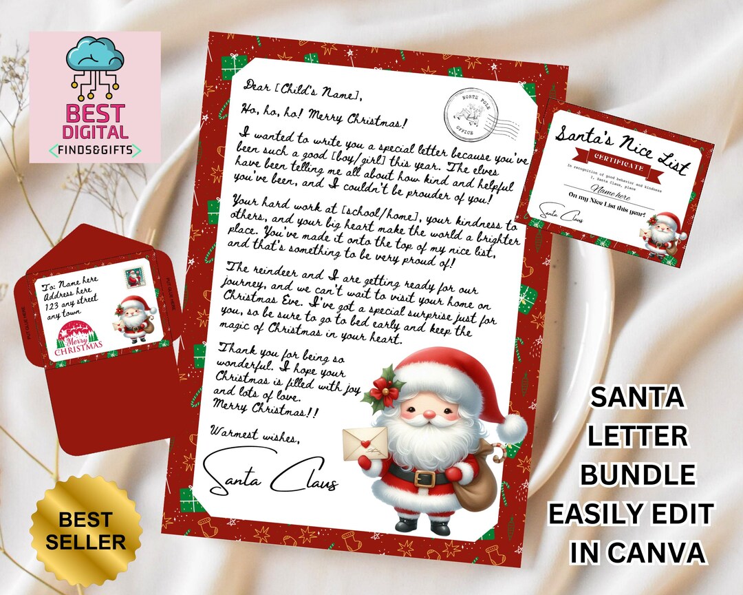 Instant Download Editable Letter From Santa, Nice List Certificate and ...