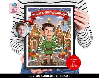 Custom Christmas Caricature Portrait from Photo, Elf Caricature Poster, Funny Personalized Drawing, Customer Poster, Christmas Gift