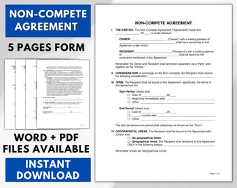 Peut inclure: Un document juridique noir et blanc intitulé "Non-Compete Agreement" avec une étiquette "5 pages form". Le document est un modèle d'accord de non-concurrence entre un propriétaire et un bénéficiaire. Le document comprend des sections pour les parties, la contrepartie, la durée et les zones géographiques.