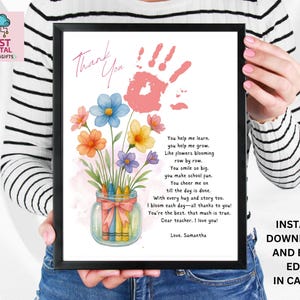 Utskrivbar present för uppskattning av lärare | Handavtryck med blomsterkonst | Tackpresent vid årets slut | Förskollärare | Lärarassistent