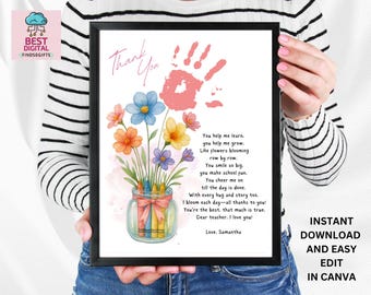 Teacher Appreciation Gift Printable | Handprint Flower Art | End of Year Thank You Gift | Preschool Teacher | Teaching Assistant