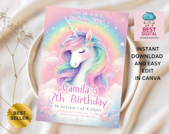 Unicorn Birthday Invitation, Unicorn Invitation, Rainbow Unicorn Birthday Invite, Pastel Unicorn Invitation Printable, Unicorn Invitation