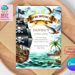 Invitación pirata, invitación de cumpleaños pirata, plantilla de invitación editable pirata, invitación de cumpleaños pirata, invitaciones piratas, invitación editable