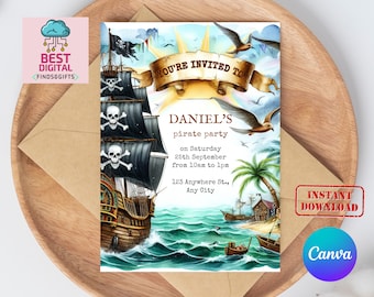 May include: A pirate-themed party invitation with a watercolor illustration of a pirate ship sailing on a blue ocean. The invitation includes the text "You're Invited To Daniel's Pirate Party" and details about the party date, time, and location.