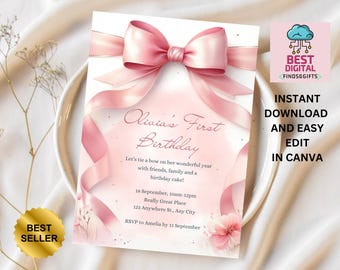 Editable Coquette Pink Bow Birthday Invitation, Pink Bow Birthday Invitation, Ribbon Birthday Invitation, Pink Coquette Bow Invite