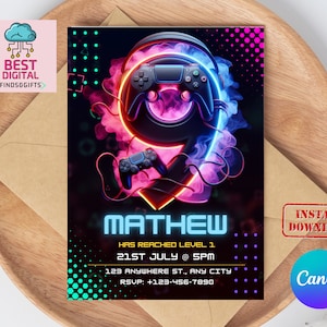 9th Birthday Invitation, Editable Video Game Party Invitation, Level Up Birthday Invite, Gamer Boy Template, Arcade Party, 5x7 Canva CM2