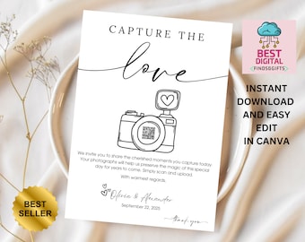 Customizable Wedding Photo Sharing Sign, Capture the Love QR Code, Digital Download Editable Template. Elegant Modern Decor, DIY Guestbook