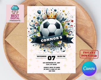 Editable Soccer Birthday Invitation Digital, Soccer Party Invite, Football Birthday Evite, Editable Canva Template, Let&#39;s Kick Up Some Fun