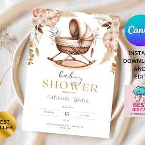 Boho Baby Shower Invitation, Baby Shower Invitation Template, Brown Baby Shower Invite, Gender Neutral, baby shower invites, bestseller