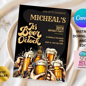 May include: A black and gold birthday party invitation with the text "It's Beer O'clock" in a retro font. The invitation is for Micheal's 30th birthday party at Borcelle Pub House at 10 PM. RSVP to +123-456-7890.