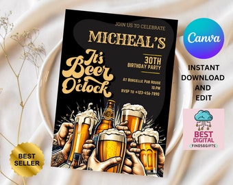 Editable Cheers and Beers Invitation, Beer Invitation, Birthday Invitation for Men, Adult Invite, Printable or Digital Invite,Adult Birthday