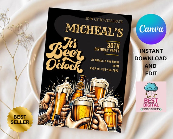 Editable Cheers and Beers Invitation, Beer Invitation, Birthday Invitation for Men, Adult Invite, Printable or Digital Invite,Adult Birthday