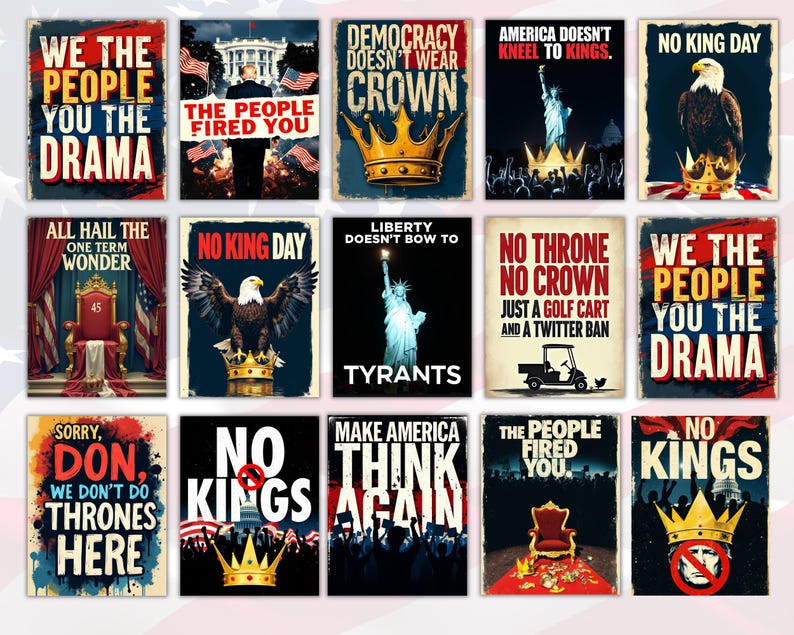 Puede incluir: Una colecci&oacute;n de carteles de estilo vintage con temas patri&oacute;ticos. Cada cartel presenta texto e im&aacute;genes en negrita, incluyendo &aacute;guilas, coronas, la Estatua de la Libertad y la Casa Blanca. Los carteles transmiten mensajes sobre la democracia y la libertad.
