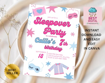 Uitnodiging slaapfeestje, sleepover uitnodigen, sleepover verjaardagsfeestje, sleepover meisje, digitale download, Instant Download, bewerkbaar