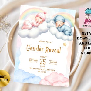 EDITABLE Teddy Bears Gender Reveal Invitation, Baby Boy Or Girl Party Invite Template, He Or She, Boho Watercolor Bear with Balloons,