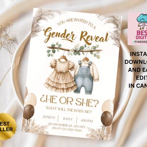EDITABLE Teddy Bears Gender Reveal Invitation, Baby Boy Or Girl Party Invite Template, He Or She, Boho Watercolor Bear with Balloons,