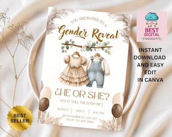 EDITABLE Teddy Bears Gender Reveal Invitation, Baby Boy Or Girl Party Invite Template, He Or She, Boho Watercolor Bear with Balloons,