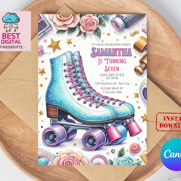 Skate Party Birthday Invitation, Party Invitation, Roller Skating, Editable Canva Template, Roller Skate Party Invite, Skate Party invite