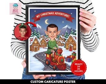 Custom Christmas Caricature Portrait from Photo, Elf Caricature Poster, Funny Personalized Drawing, Customer Poster, Christmas Gift